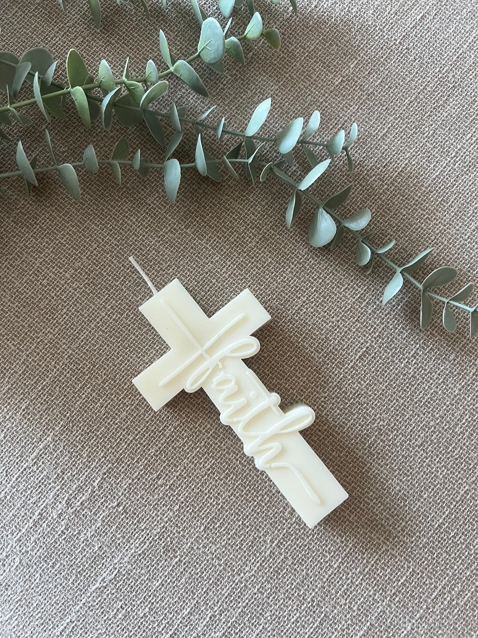 Faith Cross Candle, Christian Wax Candle with Raised Lettering, Religious Gift, Prayer Room or Altar Decor CDLAF07